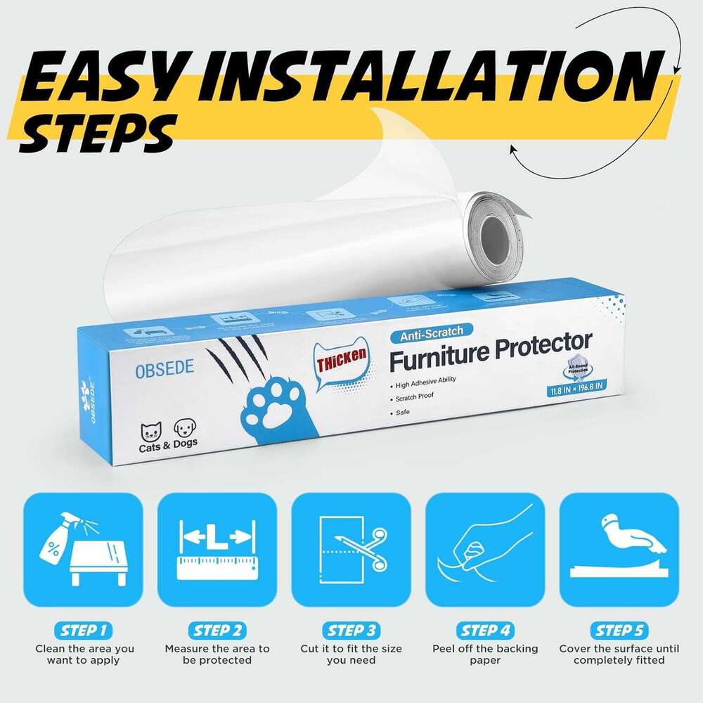 OBSEDE Scratch Furniture - Couch Protector from Cat Claws Plastic Cover Adhesive Clear Flexible Sofa Guard Single Side Sticky Deterrent Training Tape 