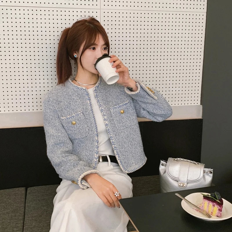 Zoki Sweet French Elegant Tweed Jacket Women Casual Long Sleeve Coat Fashion O Neck Female Outwear Tops Fall Winter 240821