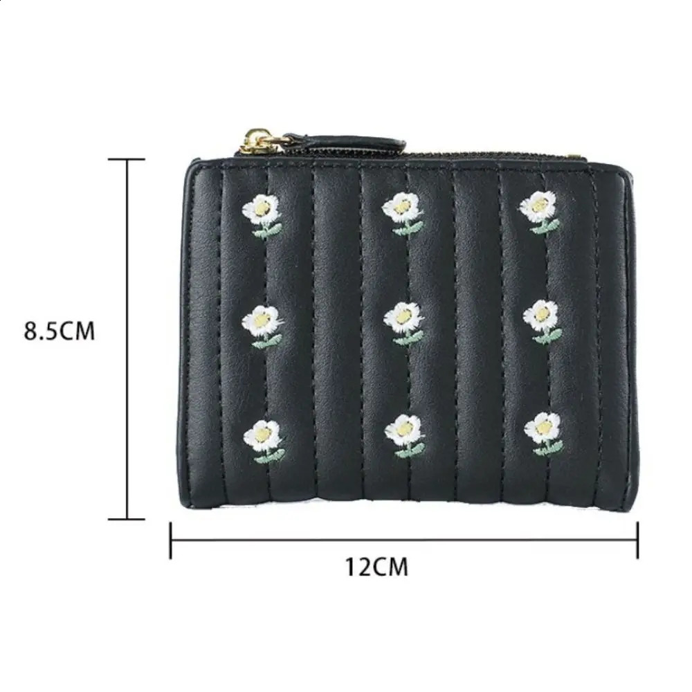 PU Leather Short Wallet Mini Zipper Money Bag Solid Color Flower Card Holders