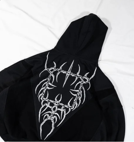 Harajuku Gothic pattern stitching printed hooded hoodie for women y2k retro versatile long-sleeved loose couple personalized top 240821