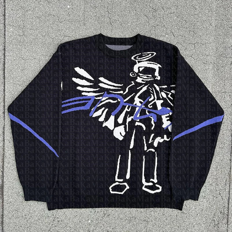 Y2k clothing womens clothing Oversized Sweater Streetwear Knitted Sweater Gothic portrait Print Pullover autumn Harajuku Cotton 240821