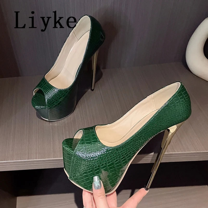 Liyke 2024 Green High Heels Women Platform Sandals Sexy Snake Print Peep Toe Club Stripper Pole Dance Shoes Pumps Size 35-42 240819