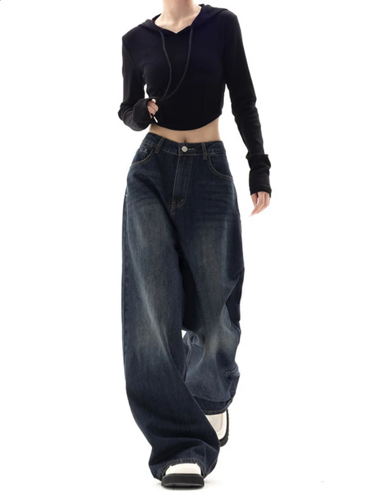 HOUZHOU Vintage Women Wide Leg Jeans Harajuku Baggy Denim Trousers Oversized Grunge Streetwear Y2k Autumn Pants Korean Fashion 240821