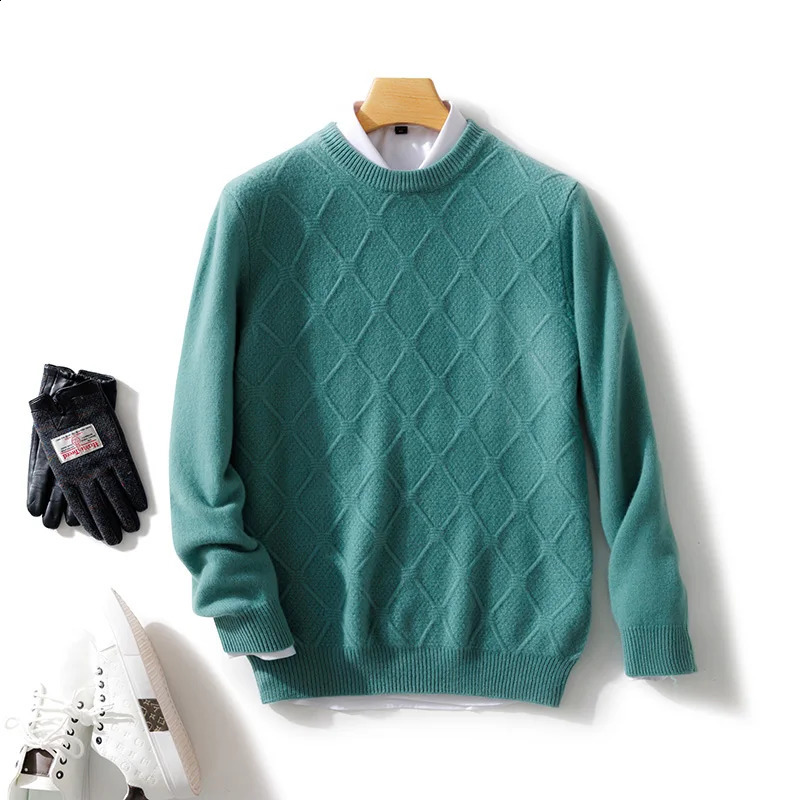 Mens O-neck Diamond Grid Pullover 100% Pure Cashmere Wool Soft Sweater Autumn Winter Casual Thick Basis Large Size Top 240821