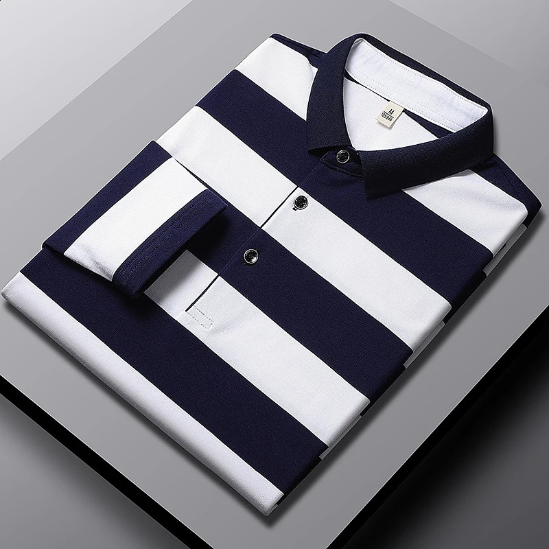 Flip collar spring autumn contrasting color button long sleeved striped floral Tshirt mens British style top 240828