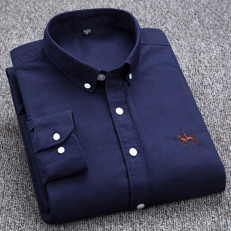 S-6XL Casual Pure Cotton Oxford Mens Shirts Long Sleeve Embroidery Horse Design Regular Fit Fashion Button Man White Dress Shirt Tops Outerwear