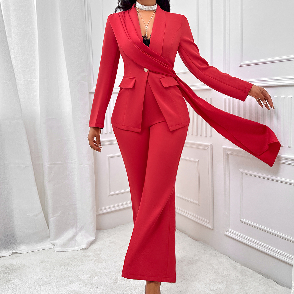 Autumn and Winter Casual Style Suit New Product Solid Color Slim Fit Ribbon Suit Set for Women