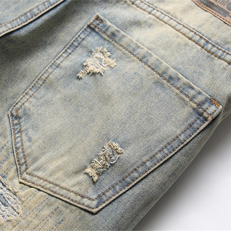 Spring Ripped Patch Jeans Retro Blue Slim Mid-Waist Elastic Mens Cuffed Printed Hip Hop Casual Pants 240821