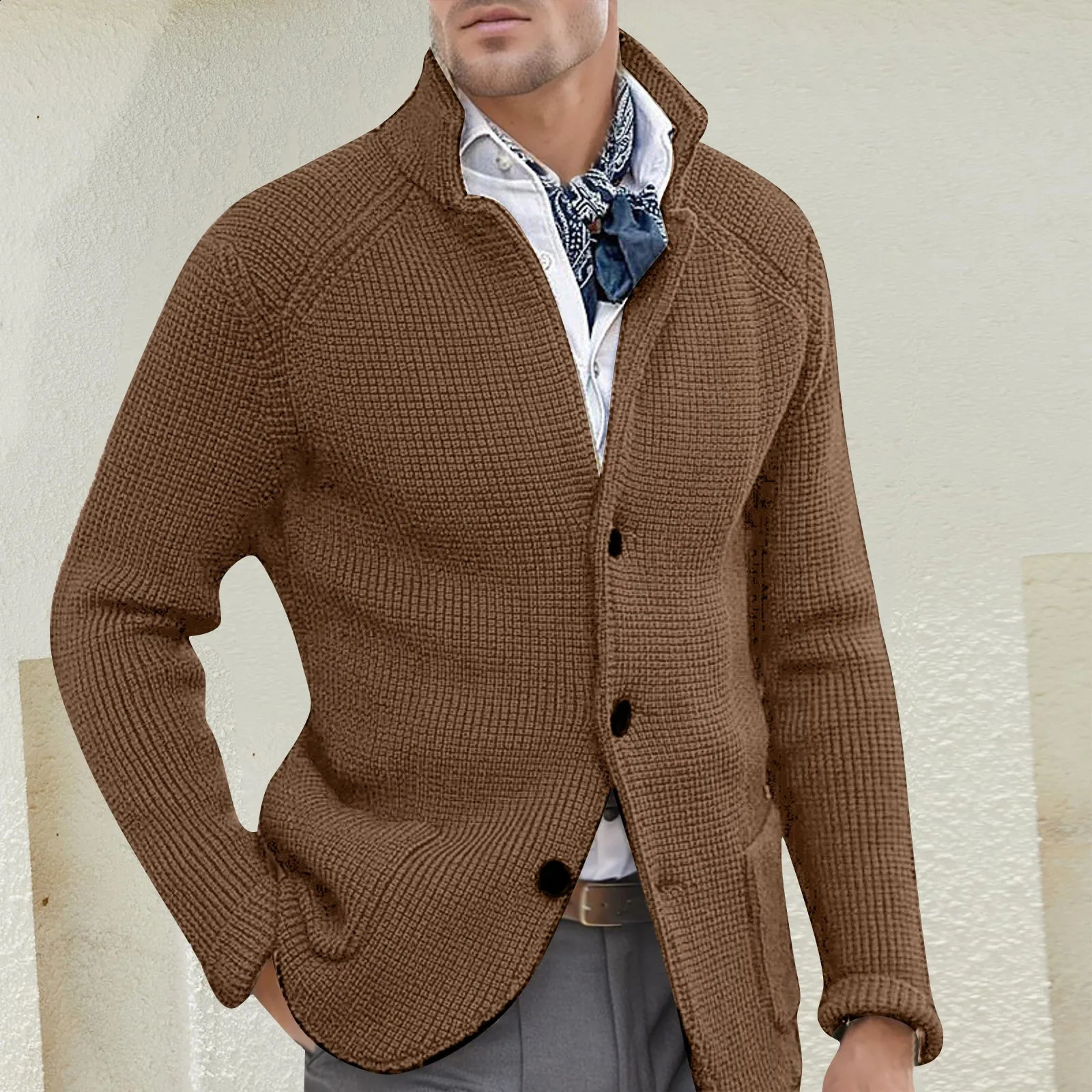 Mens single chest cardigan autumn winter knitted sweater jacket long sleeved stand up collar slim fit top 240821