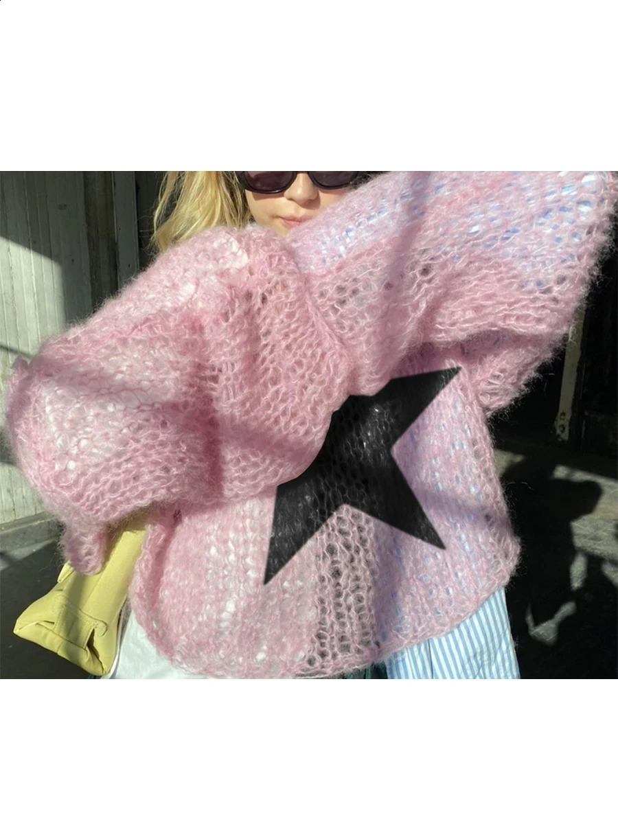 Women Star Pattern Long Sleeve O Neck Casual Hollow Knitted Pullover Top Fashion Oversized Sweater Spring Autumn Y2k Streetwear 240821