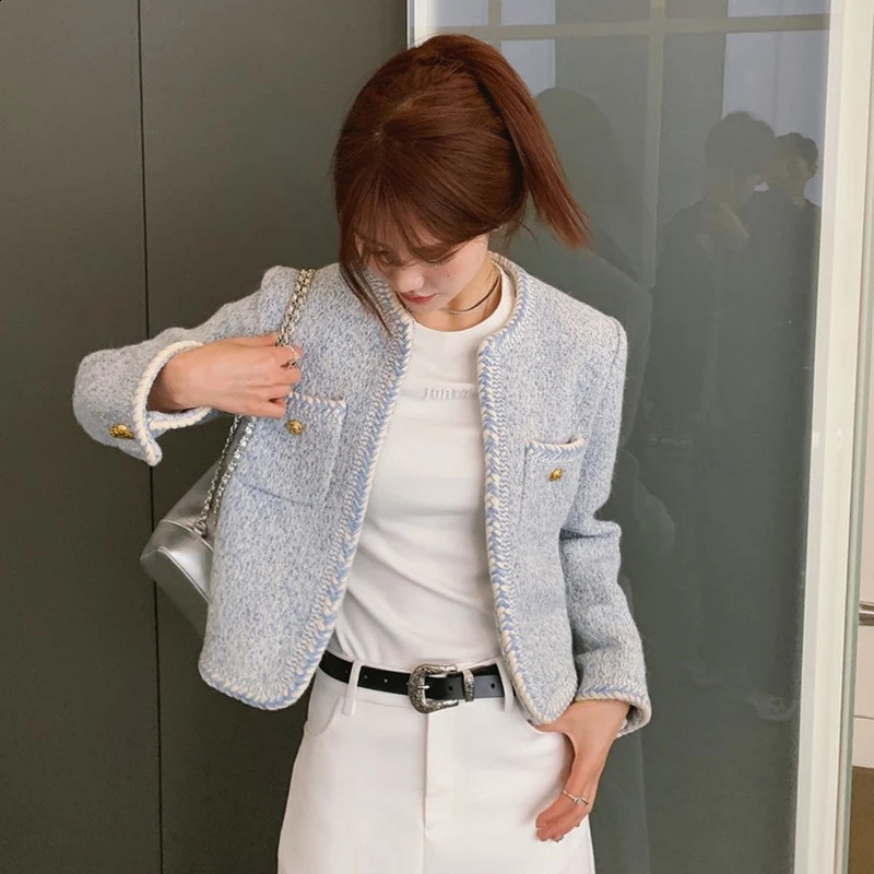 Zoki Sweet French Elegant Tweed Jacket Women Casual Long Sleeve Coat Fashion O Neck Female Outwear Tops Fall Winter 240821