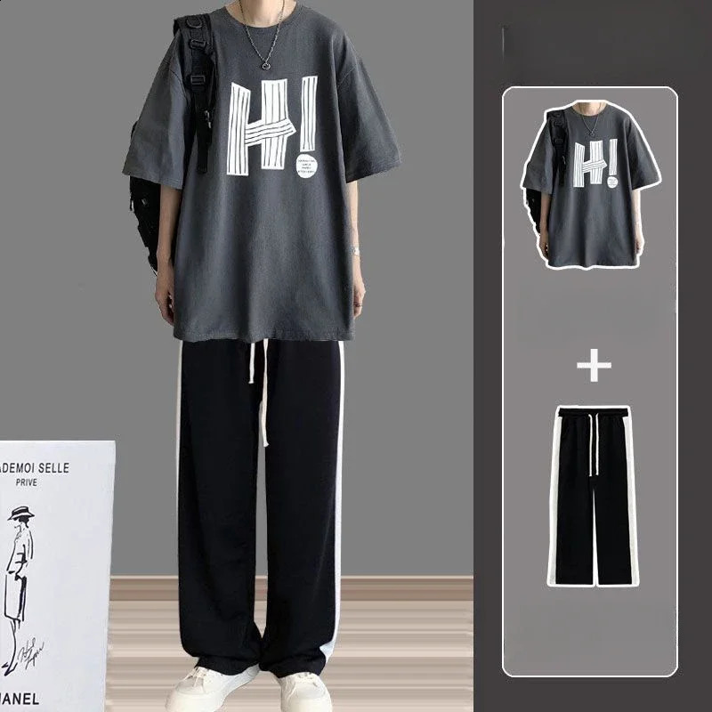 Jogging T-shirts Pants Suits for Men Smooth Cotton Jogger Running Man Trousers Sets Black Two Piece Set Korean Style Chic S 240821