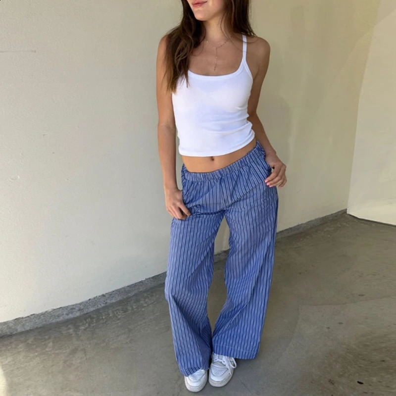 Retro 90s Loose Trouser Womens Y2K Striped Pants Wide Leg Lounge Bottom Casual Elastic Waist Nightwear Street Wear 240821