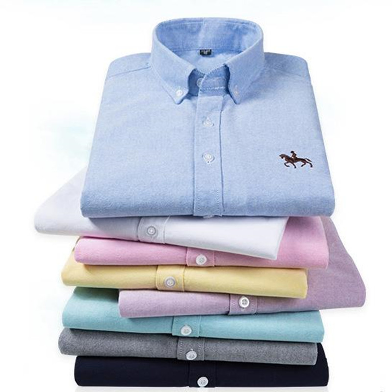 S-6XL Casual Pure Cotton Oxford Mens Shirts Long Sleeve Embroidery Horse Design Regular Fit Fashion Button Man White Dress Shirt Tops Outerwear