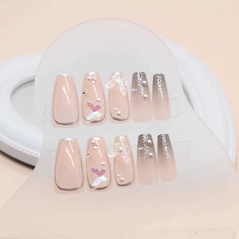 24Pcs Press on Nails Long with Designs Pink Rhinestones False Fake Nails Press On Coffin Artificial Nails for Women Stick onXJ241025