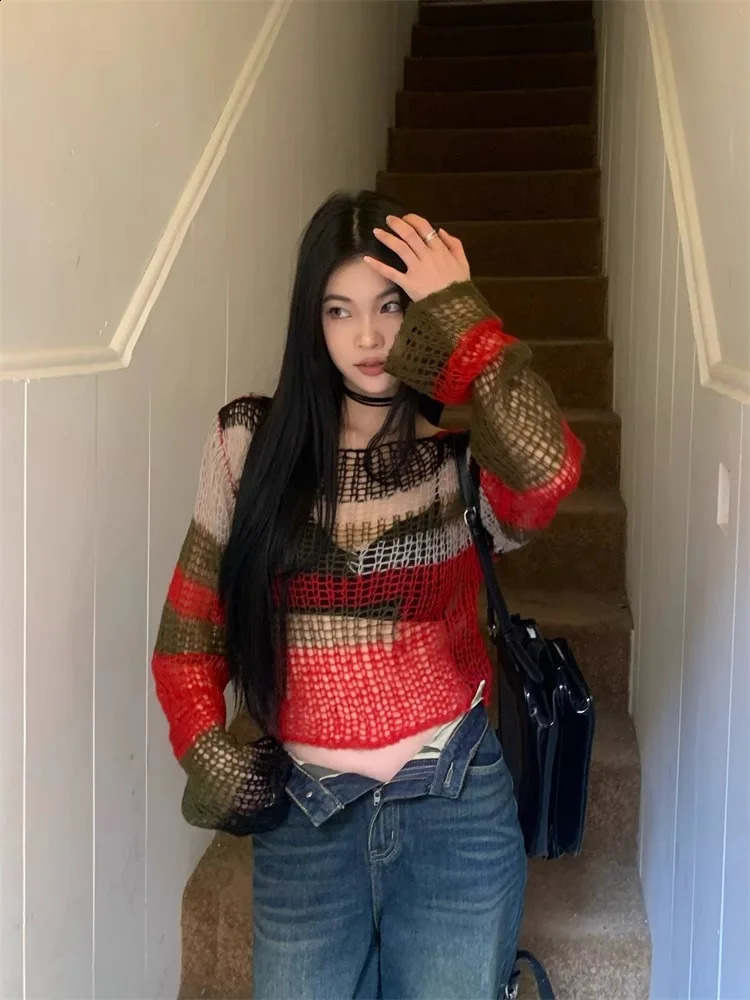 American style hollow knitted sweater item backless loose zipper Y2k womens long sleeved striped top 240821