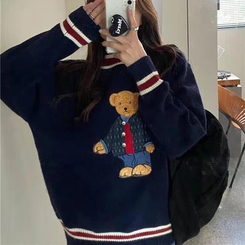 Harajuku Cartoon Bear Embroidery Knitted Pullover Autumn Winter Women Oversize Sweater Casual Thick Warm Sweet Kawaii Jumpers 240820