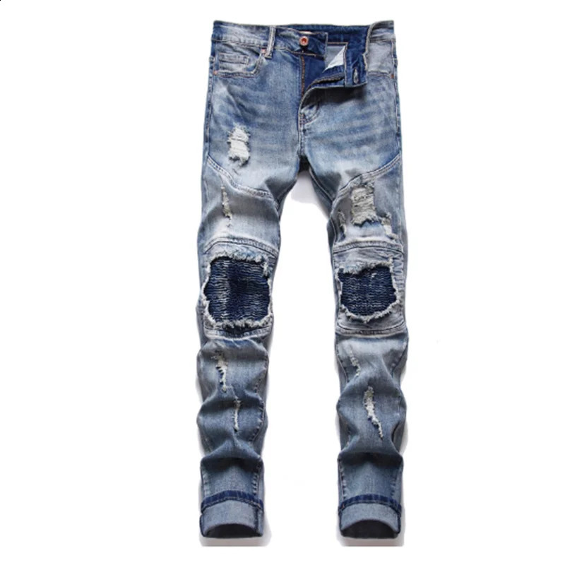 Embroidered Floral Tiger Bird Print n Mens Ripped Jeans Slim Fit Blue Straight Biker Trousers Asian Size 28-40 240821