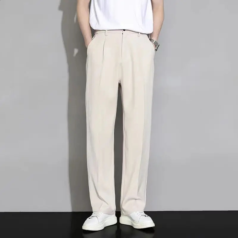 Summer Thin Ice Silk Suit Pants For Men Elastic Waist Wide Leg Straight Trousers Korean Cool Breath Casual Pant Streetwear 240820