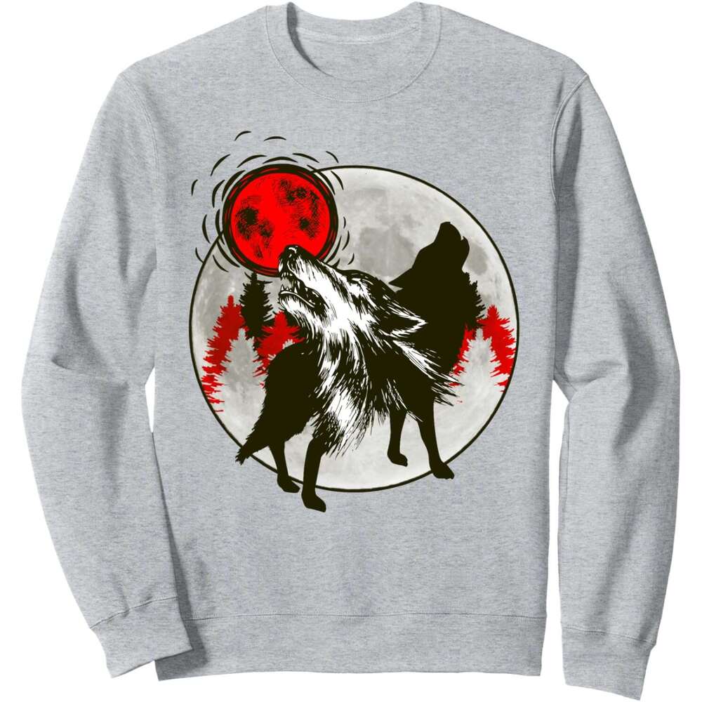 Long Sleeve Shirts for Men sweatshirt Woes Howling At Red Moon Silhouette Wildlife Gift Sweatshirt T shirt Tee Streetwear Casual tops clothes