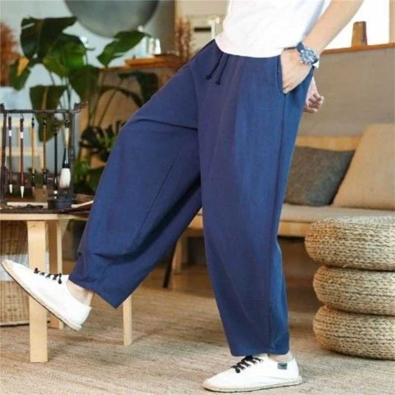 Mens summer pocket hippie cotton linen harem pants Y2K mens street clothing solid wide leg Trouser retro Drawstring PantalonesW240725
