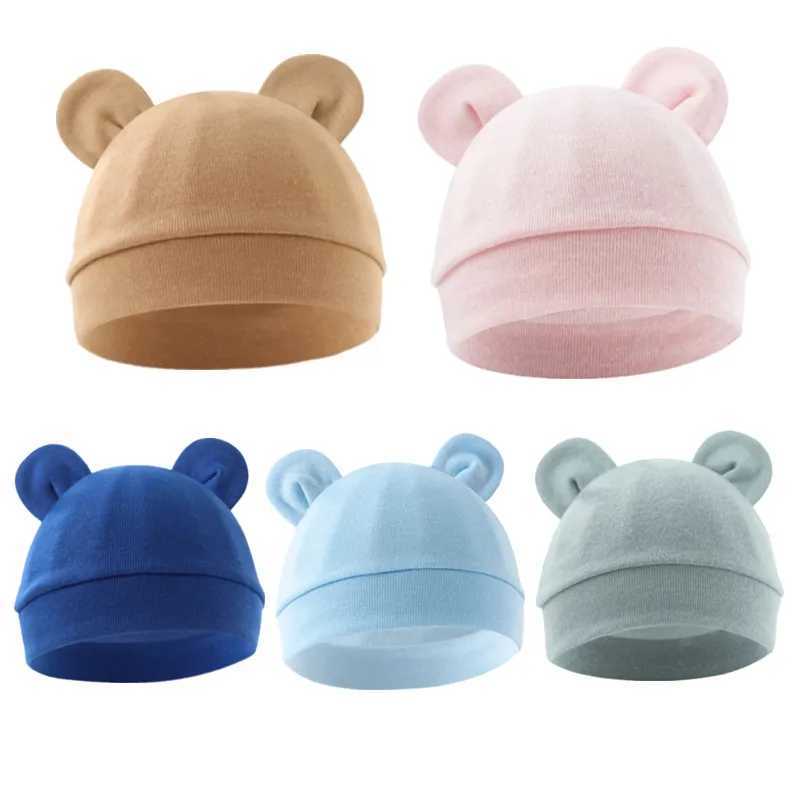 Solid Color Thin Baby Nursery Beanie Cartoon Bear Ear Cotton Newborn Fetal Bonnet For 0-3 Months Baby Hat Baby Accessories M240821