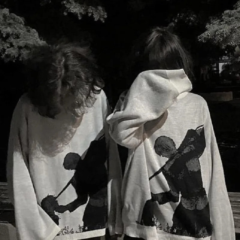 Hip Hop Men Streetwear Harajuku Knitted Sweater winter Pullover Loose Retro Vintage Halloween EMO y2k gothic Womens sweater top 240821