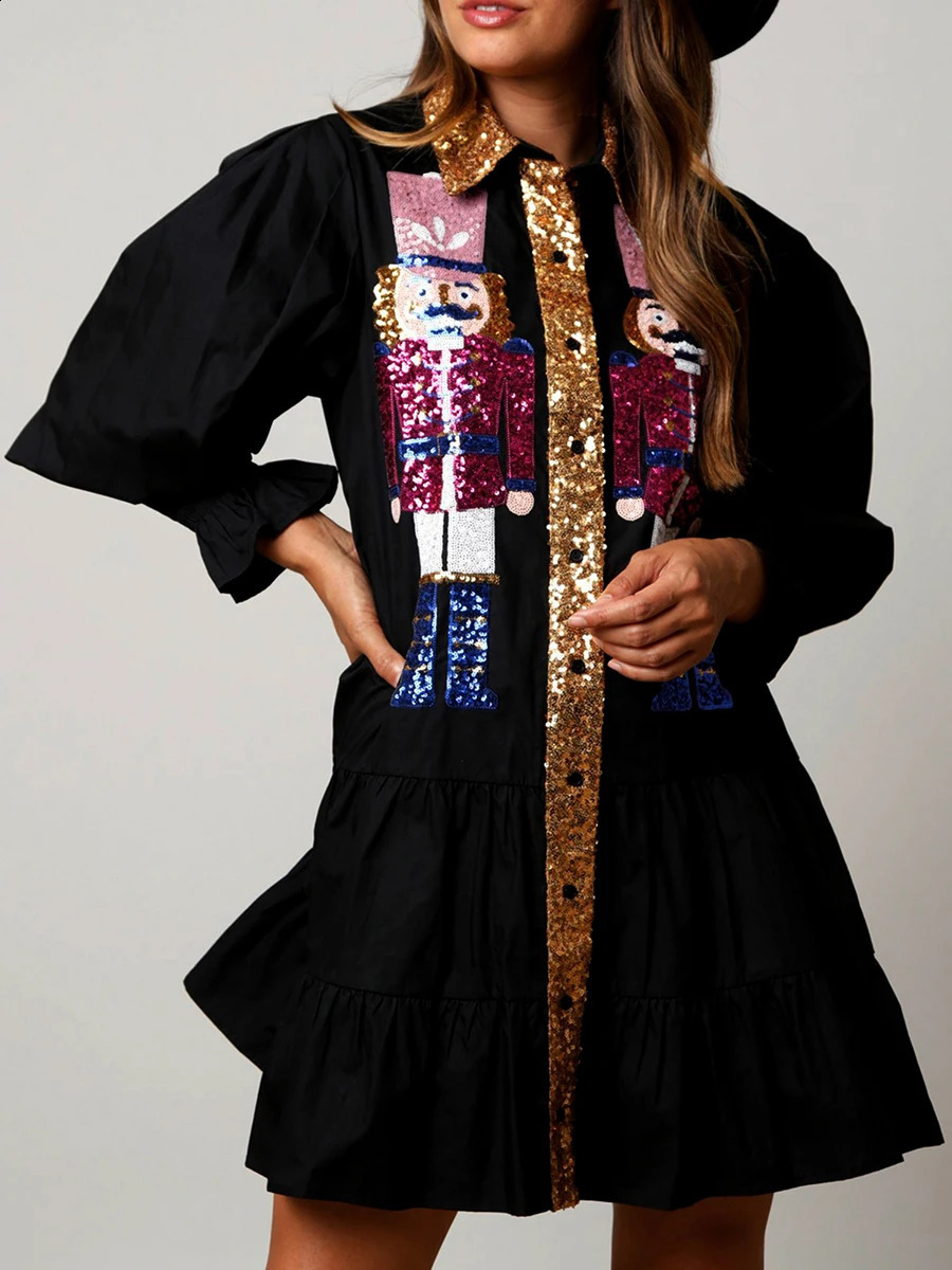 Women Sequin Christmas Nutcracker Shirt Dress Holiday Party Santa Sweatshirt Dresses Long Sleeve Tiered Mini Sundress for Prom 240821