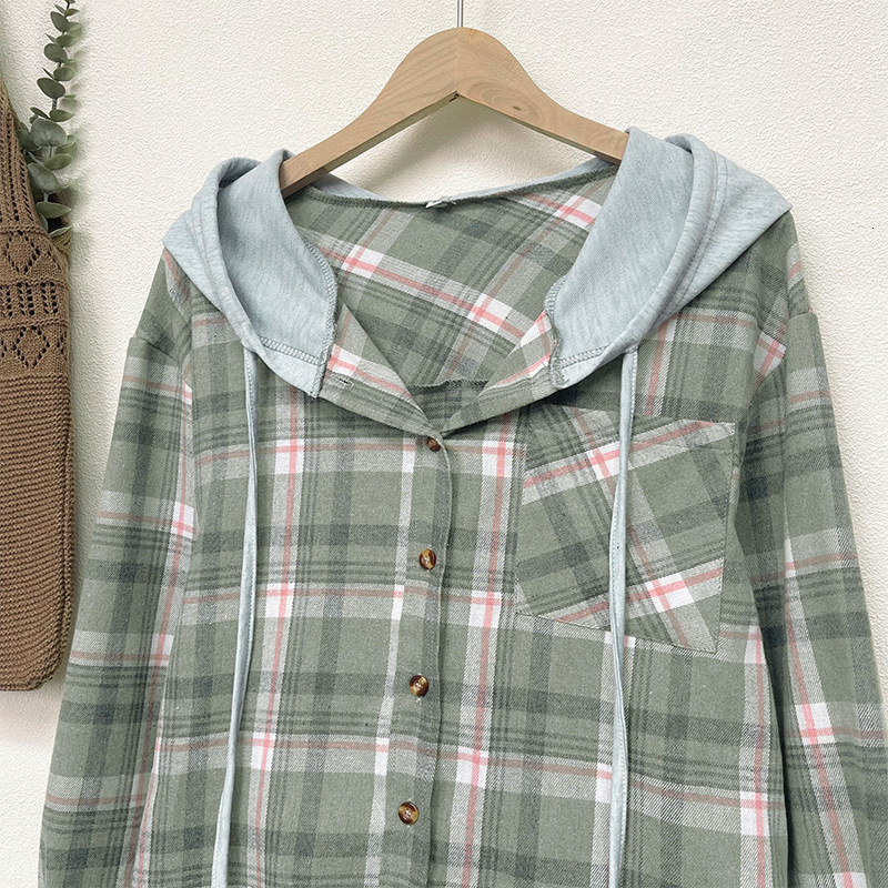 2023 New Autumn/Winter Hooded Colored Single breasted Casual Checkered Shirt Coat Women's
