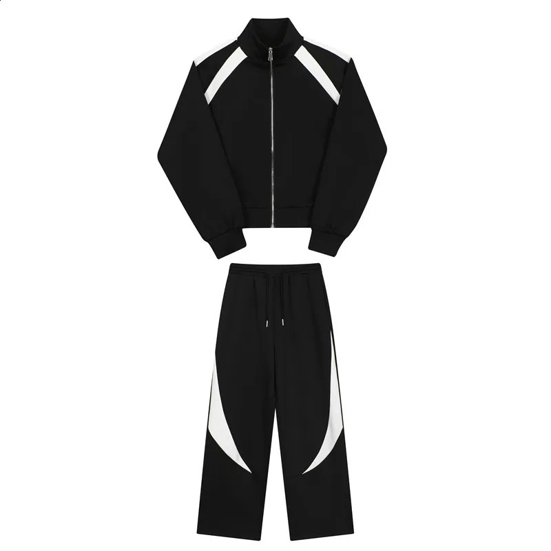 NOYMEI Personality Contrast Color n Korean Casual Loose Mens Two Pieces Set Zipper Coat Straight Pants Autumn Suits WA2937 240821