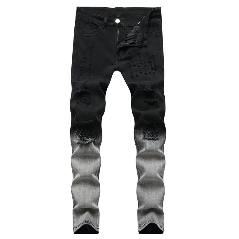 Stylish Men Slim Holes Gradient Pencil Jeans Pants Male Ripped Distressed Casual Cotton Stretch Denim Trousers 240821