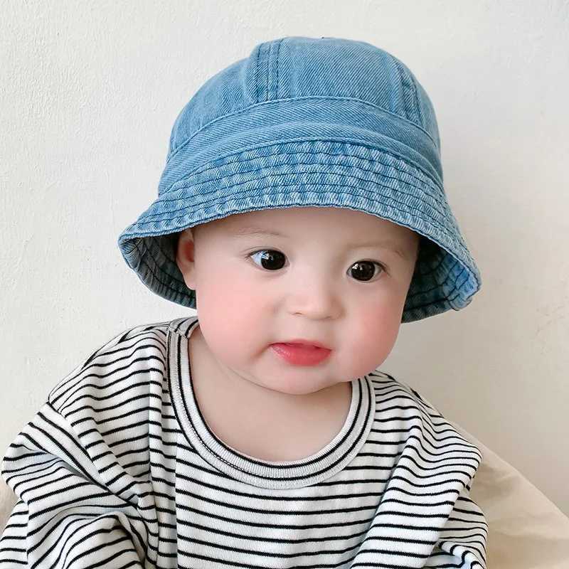 Folding Baby Denim Bucket Hat Retro Childrens Sunscreen Hat Summer Fishermans Hat Windproof Belt Boys and Girls Sunset Hat W240820