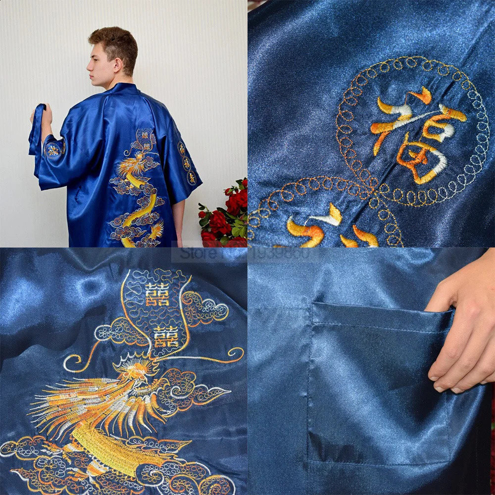 Chinese mens silk and satin robe traditional embroidered dragon kimono Yukata bathrobe loose summer bathroom sexy evening gown 240820