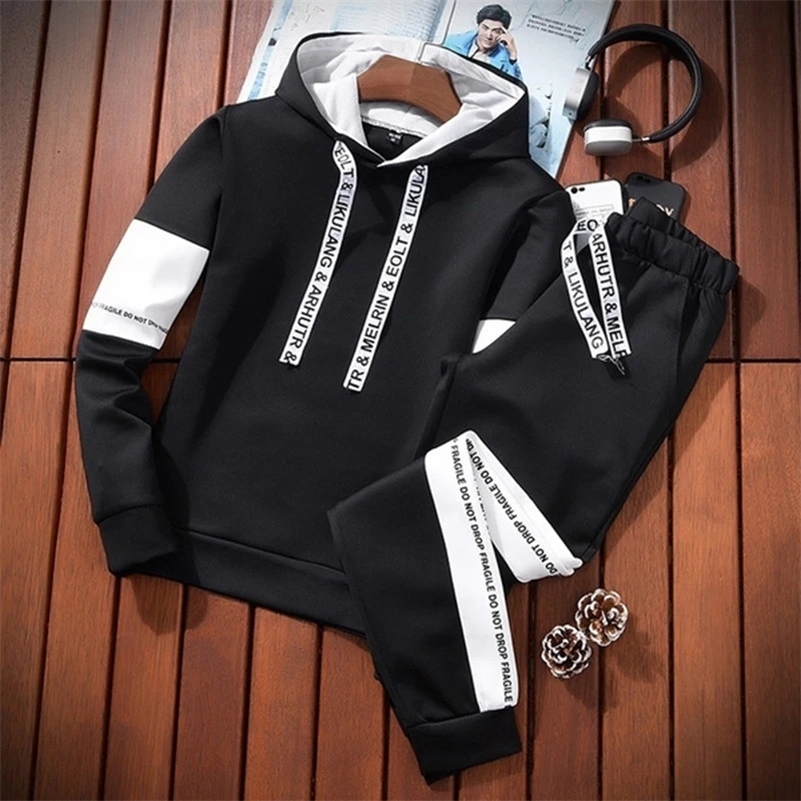 Mens Set Sweatshirt Black and White Sports Suits SweatshirtsSweatpants 2 Piece Sweatsuit Pullover Casual Hoodies Clothing 240821