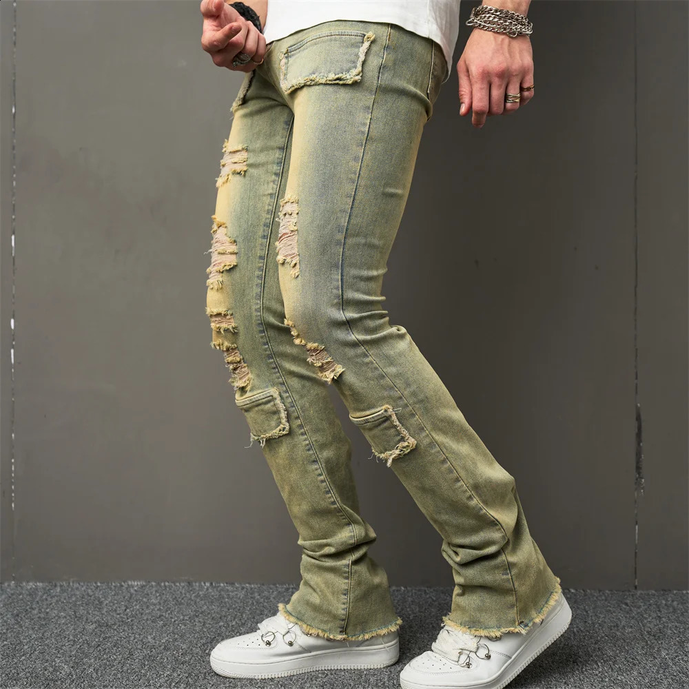 Vintage Style Men Streetwear Holes Spliced Slim Jeans Trousers Hip hop Stylish Distressed Stretch Denim Pants For Male 240821