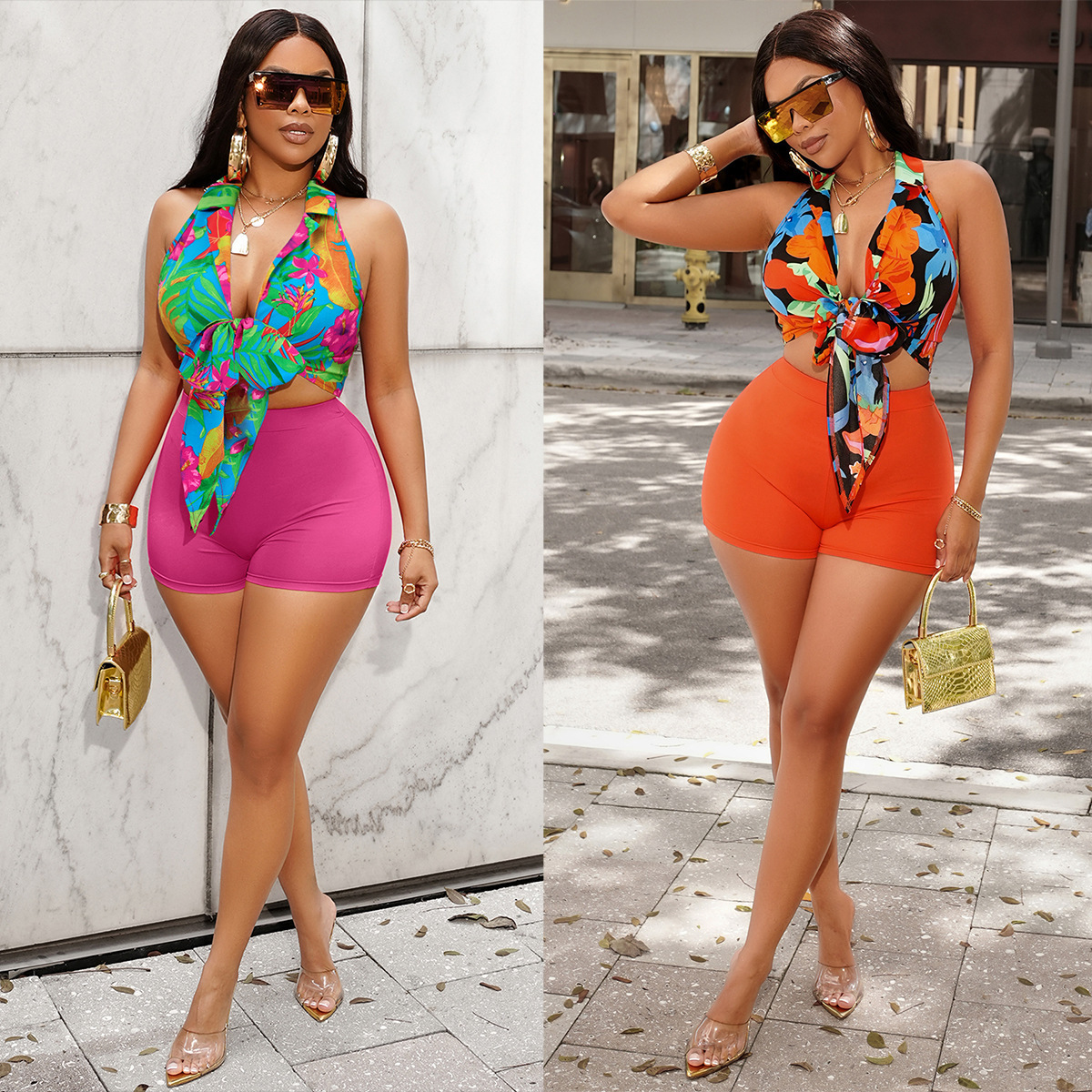 Designer Women Two Piece Fashion Flower Pattern Sexy Strap Top Sleeveless Collar T-shirt Women's Vacation Beach Set