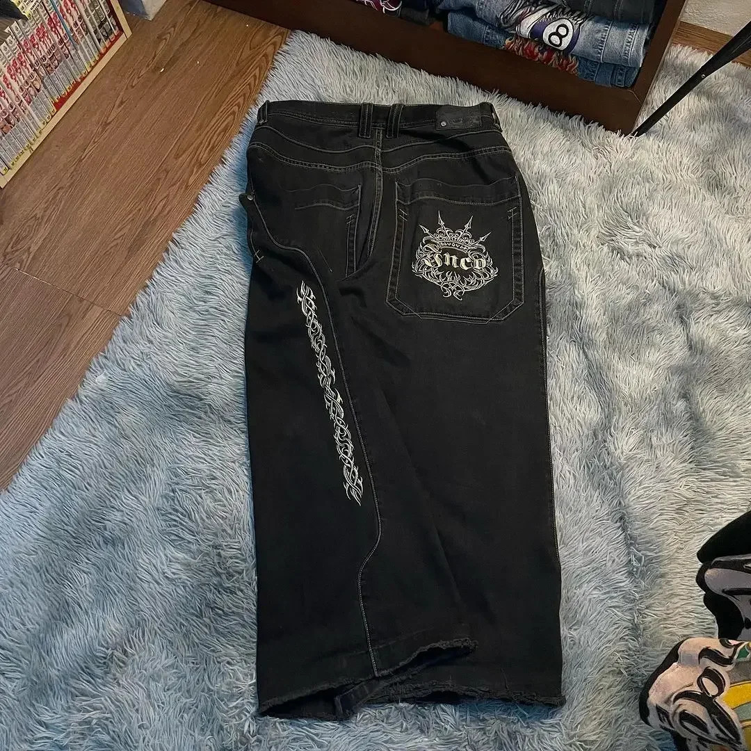 Baggy Jeans Mens Y2k Embroidery Harajuku Pattern Wide Leg Pants Casual Hip Hop Black Straight Denim Trousers Streetwear 240821