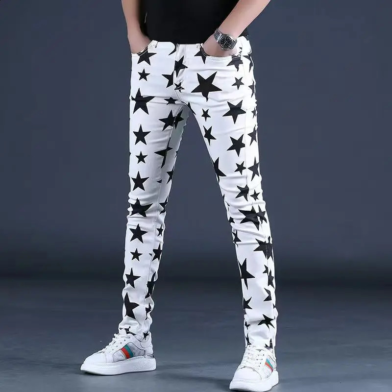 Summer Thin High Street Straight Denim Trousers Mens White Flag Print Jeans Stretch Slim Casual Five-Pointed Star Hip Hop Pants 240821