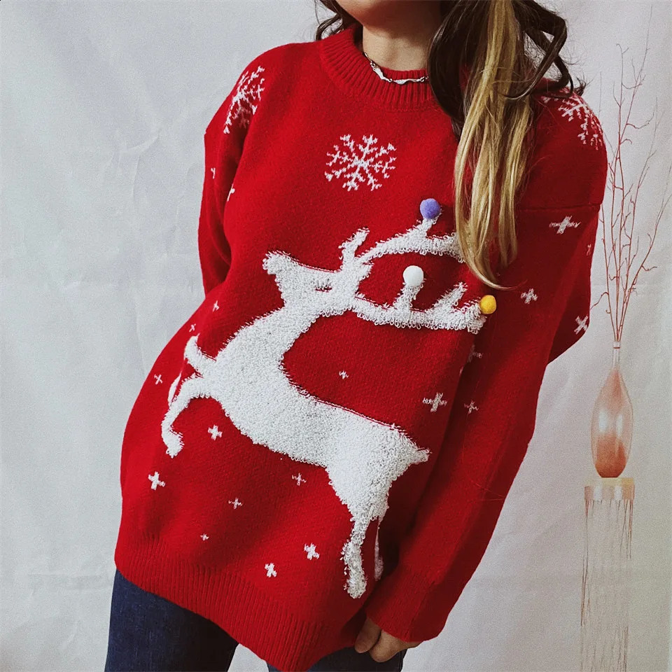 OMCHION Sueter Feminino Korean Style Women Christmas Sweater Casual Loose Pullover Red Fashion Warm Knitted Tops 240821
