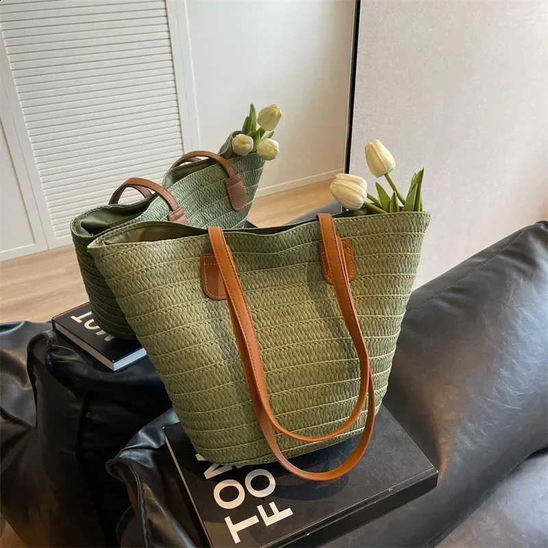 Women Braided Basket Clutches Tophandle Bag Large Straw Portable Shoulder Summer Beach Party Purses Shopper Satchel Female 240820ZYl