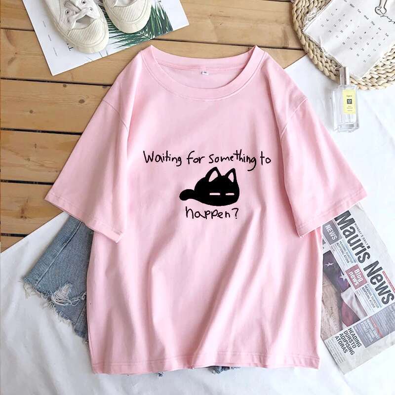 for Waiting Something To Happen Omori Cat Print Women Shirt Haruku Short Sleeve O-neck T-shirt Tee Tops Clothing ps