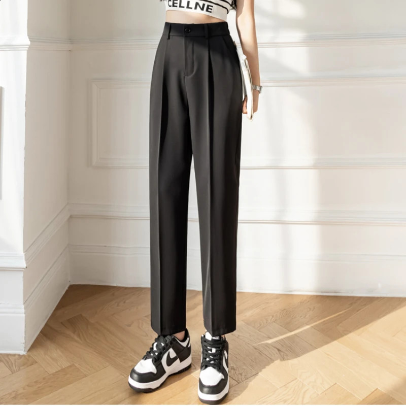 Korean High Waist Nine Point Trousers Female Fall Summer Casual Loose Office Lady Suit Pants Egegant Solid Color Work Pant 240821