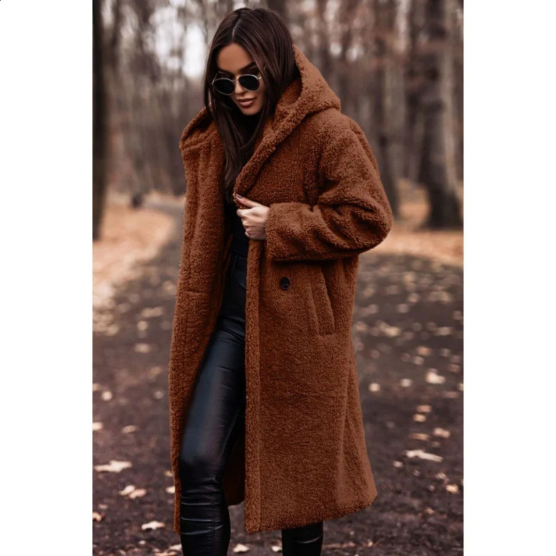 Women Solid Color Long Sleeve Woolen Coat Hooded Winter Autumn Warm Outwear Trench 240820