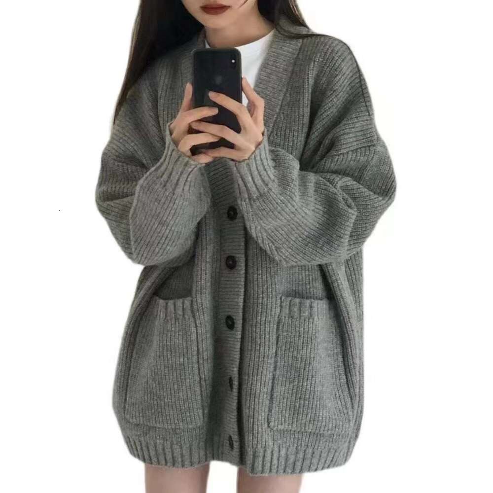 V-neck lazy style cardigan 2024 new simple sweater women's autumn and winter casual loose knitted jacket