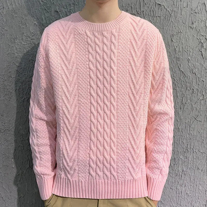 Mens Autumn Winter Fashion Simple Solid Round Neck Pullover Screw Thread Casual Versatile Long Sleeve Loose Sweater Knit Tops 240821