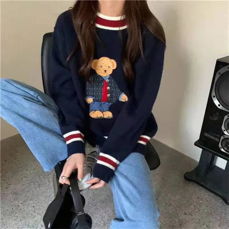 Harajuku Cartoon Bear Embroidery Knitted Pullover Autumn Winter Women Oversize Sweater Casual Thick Warm Sweet Kawaii Jumpers 240820
