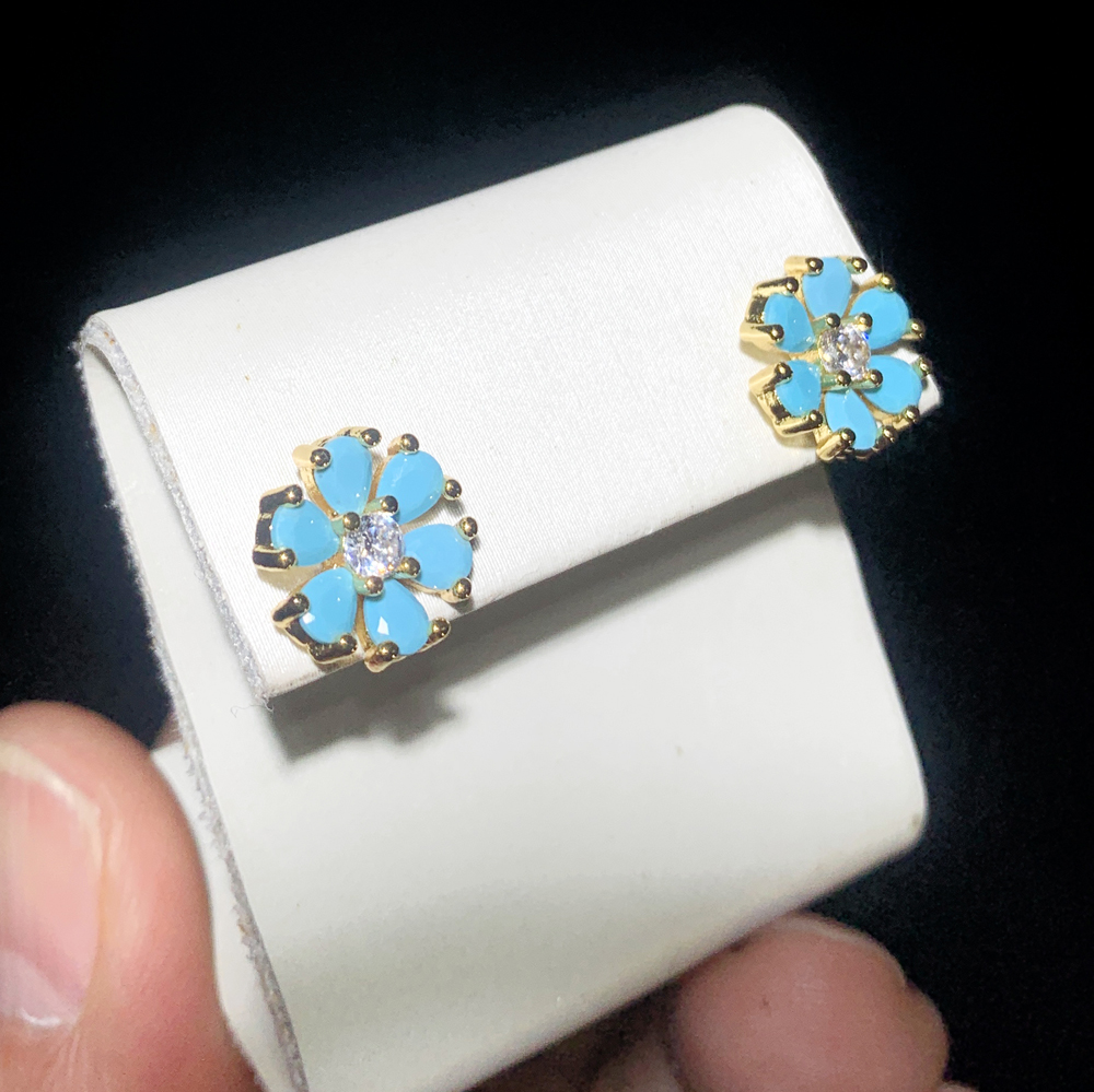 Minimal Delicate Flower Shaped Stud Earring Micro Pave Blue Turquoises White CZ Stone Fashion Women Multi Piercing Bling Jewelry