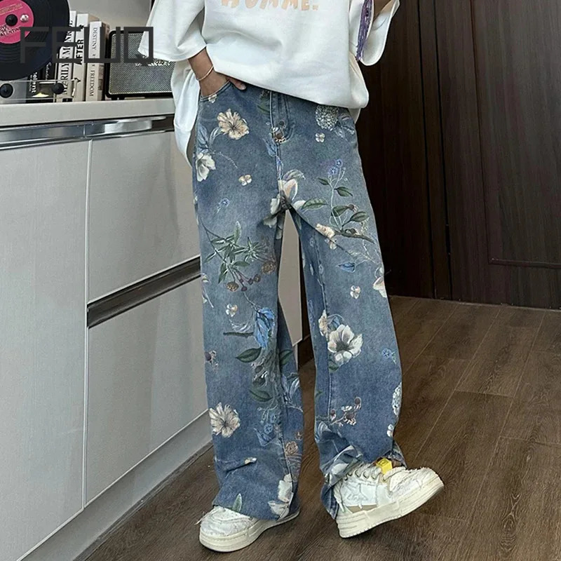 FEWQ Pants Autumn Printed Straight Leg Jeans Flower n Korea Fashion Contrast Color Male Trousers Casual 24E1673 240821
