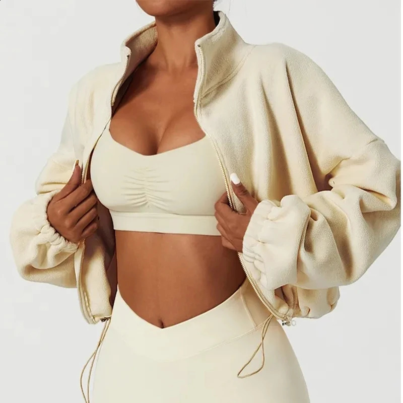 Streetwear Zipper Up Cropped Sweatshirt Women Autumn Casual Long Sleeve Lambs Wool Jacket Woman Drawstring Stand Collar Coats 240821