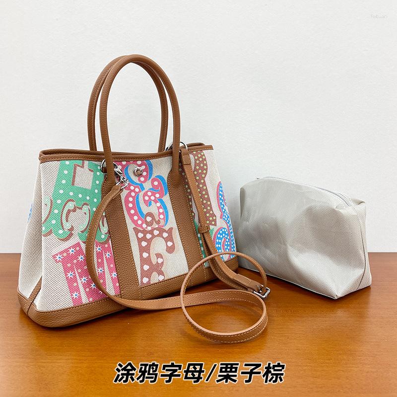 Totes Graffiti Garden Bag Painted Women's Head Layer Cowhide With Canvas Shoulder Handbag Tote Mummy bd7b 4